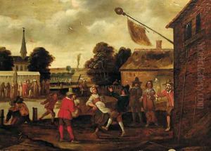 Peasants making merry in a village square by Cornelis Droogsloot