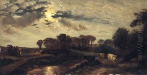 Cattle in a moonlit River Landscape by Henry William Banks Davis, R.A.