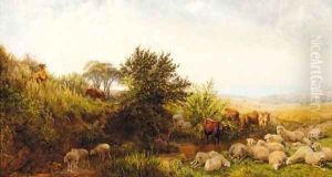 Sheep and cattle in a sunlit coastal landscape by Henry William Banks Davis, R.A.