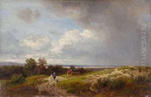 Reiter Mit Zwei Pferden In Landschaft.