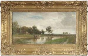 Bavarian Landscape With A
Farmstead And Cows At A Stretch Of Water. In The Background Probably The
Silhouette Of Munich by Philipp Roth
