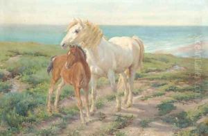 A mare and foal on a clifftop by Henry William Banks Davis, R.A.