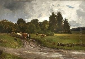 Baumlandschaft Mit Kuhherde An Der
 Weggabelung.