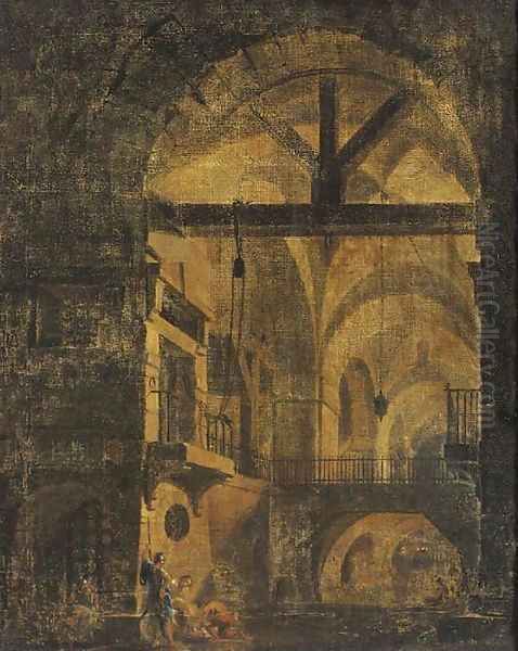 An extensive cellar with soldiers by a canal - view 1