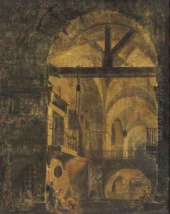 An extensive cellar with soldiers by a canal by Pierre-Antoine Demachy