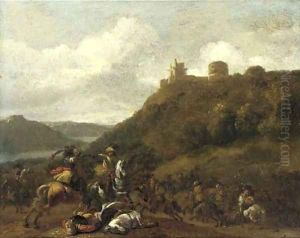 A cavalry skirmish before a hilltop fort by Simon Johannes van Douw