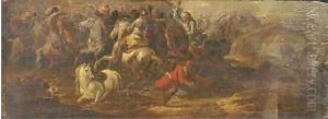 A cavalry skirmish between Turks and Christians by Simon Johannes van Douw
