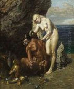 Faun Und Nymphe In Einer Felsengrotte by Alexander Rothaug
