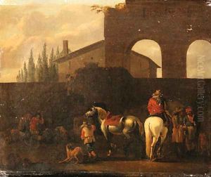 Huntsmen departing from the Courtyard of a Villa by Simon Johannes van Douw