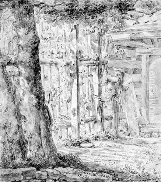 An amorous Couple embracing by a Fence in a Garden - view 1