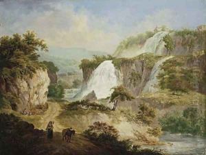 A mountainous Italianate landscape with a peasant woman carrying her child on a road, a traveller resting beyond