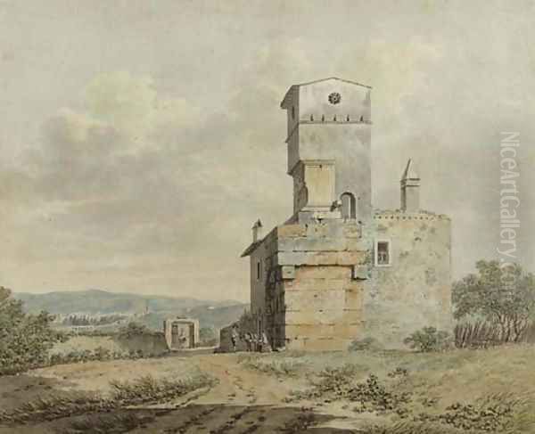 Muleteers resting by a ruined tower in an Italianate landscape - view 1