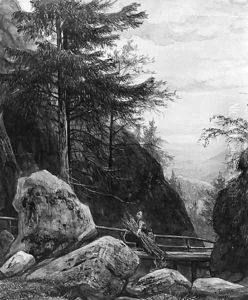 A rocky wooded Slope with a Woman and Child crossing a Bridge by Jan Frederik Van Deventer