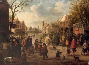 A village meeting with figures gathered in the street