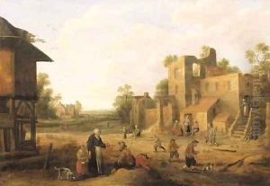 A village street with peasants and travellers