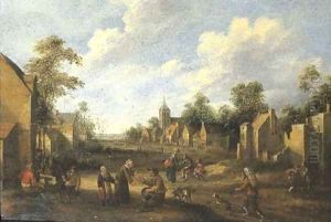 A village landscape with travellers and peasants in a street