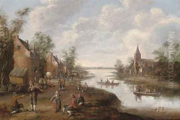 An extensive river landscape with peasants in a village, a church beyond - view 1