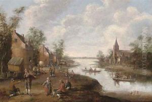 An extensive river landscape with peasants in a village, a church beyond by Joost Corenlisz. Droogsloot