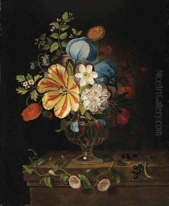 Flowers in a glass Vase with Blackcurrants on a Ledge