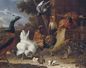 A cockerel, hens, chicks, a partridge, pheasants, a peacock and a pigeon by a wall in the park of a mansion