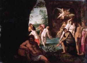 Actaeon Surprising Diana And Her Nymphs In A Grotto, A River God Inthe Foreground by Johann Rottenhammer