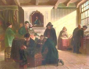 A gathering in a Dutch interior by Adolph Alexander Dillens