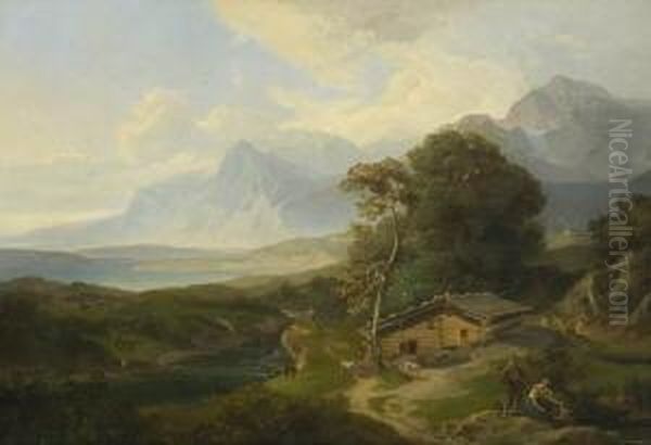 Gebirgslandschaft Mit Fluss Und Sennhutte. - view 1