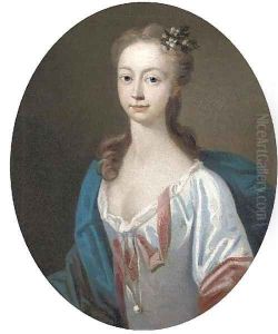 Portrait of a lady in a white dress and blue cape, feigned oval