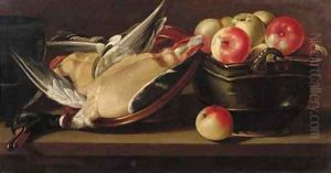Apples in a basket with a dead duck in an earthenware bowl on a wooden ledge Apples in a basket with a dead duck in an earthenware bowl on a wooden ledge