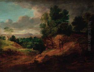 An extensive wooded landscape with figures by Gainsborough Dupont