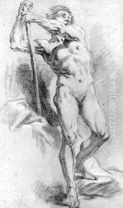 A standing nude leaning on a stick by Jean-baptiste Deshays