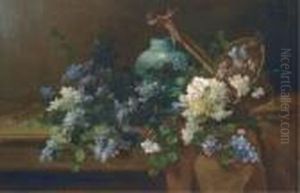 Carnations, Hyacinths And Other 
Summer Flowers Overflowing From A Basket By A Vase On A Draped Table