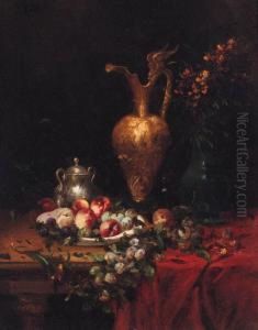 Brass And Silver Jugs Standing 
Next To An Overflowing Bowl Ofpeaches, Plums And Apples On A Table