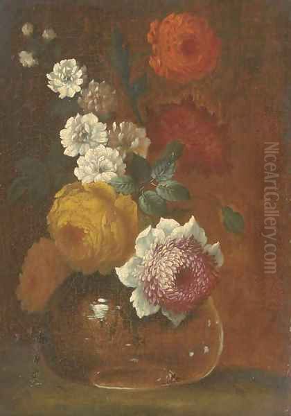Peonies, chrysanthemums and other flowers in a glass vase on a table by Johann Baptist Drechsler