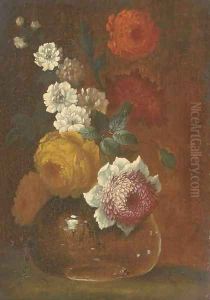 Peonies, chrysanthemums and other flowers in a glass vase on a table by Johann Baptist Drechsler