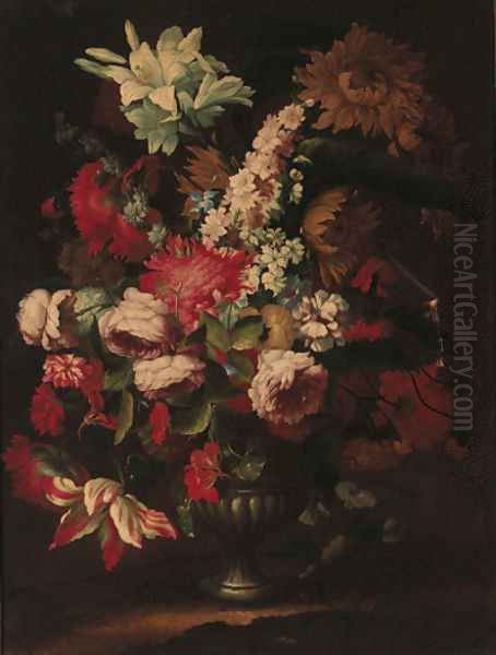 Irises, sunflowers, roses, carnations, morning glory, tulips and other flowers in an urn - view 1