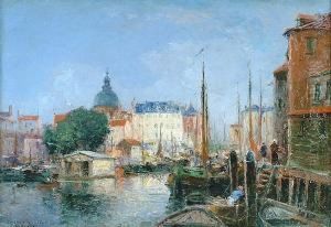Barges On A Dutch Canal by Gaston-Marie-Anatole Roullet