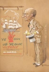 Cartoon Of A Gentleman Wearing A
Check Suit And Holding A Top Hat Looking At A Sign Ye V Sign Off Ye
Olde Victory Proprietor M Ward by Harry Rountree