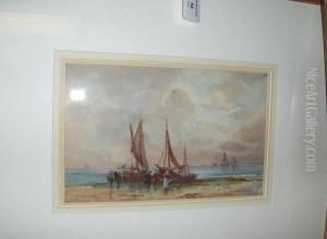 Beached Fishing Vessels; Bringing Ashore The Catch, Signed, A Pair Of Watercolours by Frank Rousse