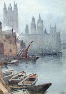 View Along The River To The Houses Of Parliament by Frank Rousse