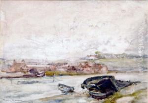 Rouse British Boat Moored On A
River Bank, Village Beyond Watercolour Signed 24 X 34 Cms Illustrated by Frank Rousse