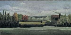 Un Promeneur Dans La Campagne Avec Une Fabrique De Charbon De Bois by Henri Julien Rousseau