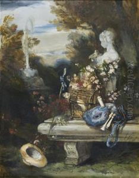 Fleurs Sur Un Banc Et Sculptures Dans Un Jardin - view 1