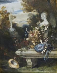 Fleurs Sur Un Banc Et Sculptures Dans Un Jardin