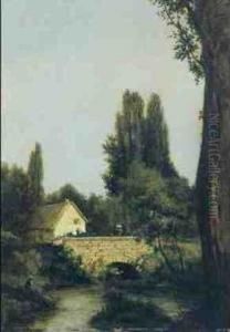 Sommerlandschaft Mit Einem Angler An Einem Flusschen