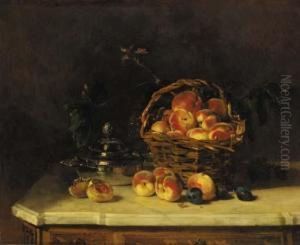 Peaches In A Wicker Basket On A Marble Topped Commode
