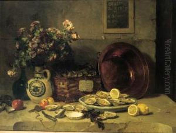 A Still Life With Oysters, Lemmons And Chrysantemums In Avase - view 1