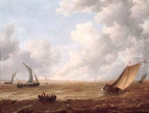 A wijdschip tacking offshore in a stiff breeze with a smalschip and sailors in a rowing boat nearby, on a cloudy day by Hieronymus Van Diest
