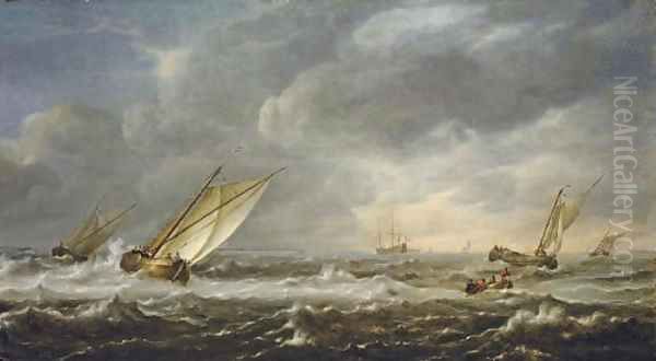 Fishing boats in choppy seas off the coast - view 1