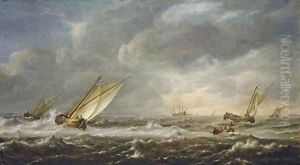 Fishing boats in choppy seas off the coast by Hieronymus Van Diest